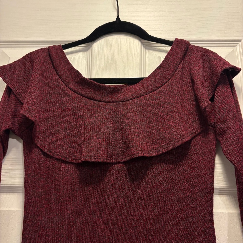 Retro Burgundy Sweater Dress with Ruffled Neckline